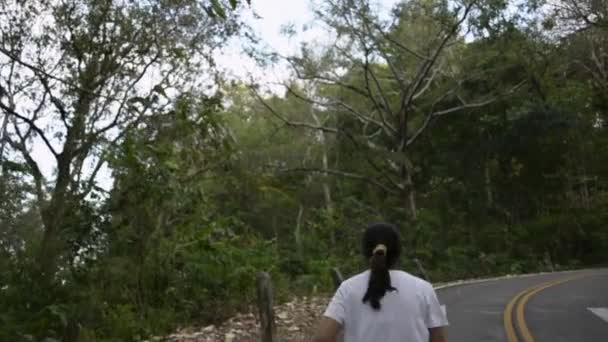 道路上の丘を走るアジアの女性 熱帯雨林の中を目指す女性ランナーの裏側からの眺め スローモーション — ストック動画