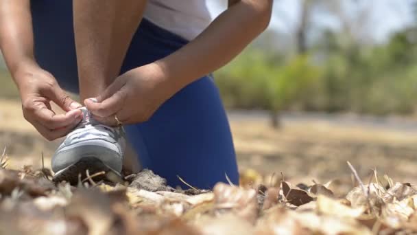 夏に公園でランニングを始める前に 女性ランナーが靴を締めます 低角度表示 — ストック動画