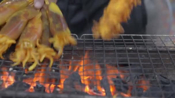 Grillade Bläckfiskar Kolgrill Med Mans Händer Roterande Spett Lokal Gatumat — Stockvideo