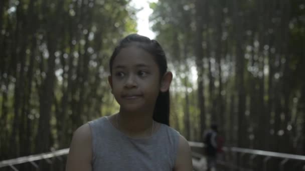 Asiática Linda Chica Caminando Por Sendero Entre Bosque Manglares Bajo — Vídeos de Stock