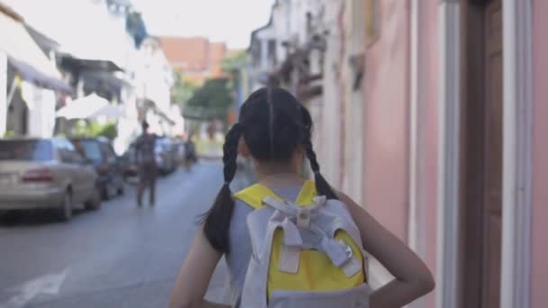 Visão Traseira Menina Asiática Com Mochila Andando Vagarosamente Caminho Entre — Vídeo de Stock