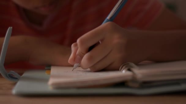 Cerca Mano Una Niña Pequeña Que Escribe Cuaderno Niña Tomando — Vídeos de Stock