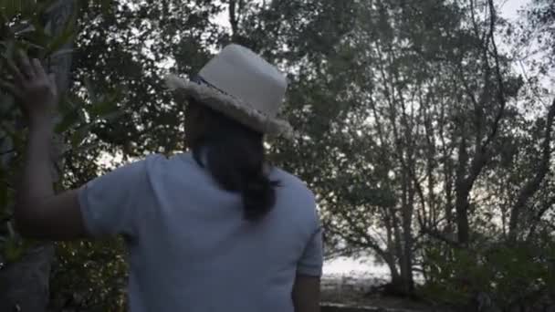 Mujer Botánica Con Sombrero Paja Caminando Observando Abundancia Plantas Bosque — Vídeo de stock