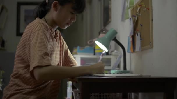 Lycéenne Étudiant Écrivant Pendant Ses Devoirs Sur Bureau Nuit Concept — Video