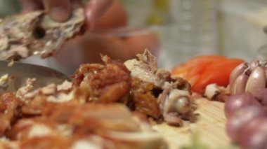 Ev hanımı ahşap kesme tahtasına bıçakla tavuk eti kesiyor. Mutfaktaki masada baharatlı tavuk salatası için malzeme hazırlayan kadın ellerini kapat. Yavaş çekim çekim..