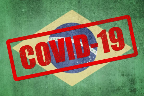Flaga Brazylii Pieczęcią Covid Efekt Grunge — Zdjęcie stockowe