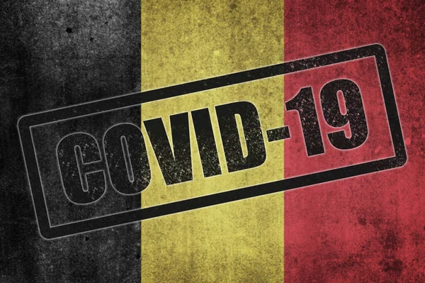 Flaga Narodowa Belgii Pieczęcią Covid Efekt Grungowania — Zdjęcie stockowe