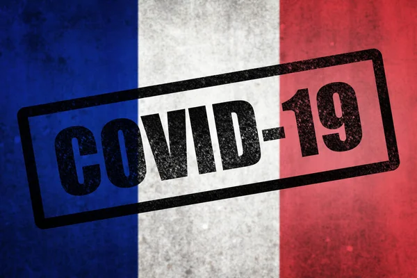 Flaga Francji Pieczęcią Covid Efekt Grungowania — Zdjęcie stockowe