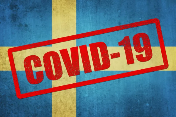 Flaga Narodowa Szwecji Pieczęcią Covid Efekt Grungowania — Zdjęcie stockowe