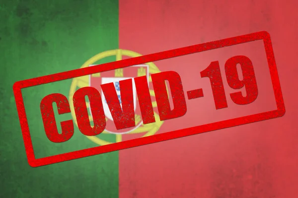 Flaga Narodowa Portugalii Pieczęcią Covid Efekt Grungowania — Zdjęcie stockowe