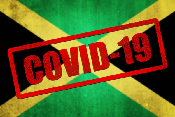 Bandera Nacional Jamaica Con Sello Covid Sobre Ella Efecto Gruñón —  Fotos de Stock