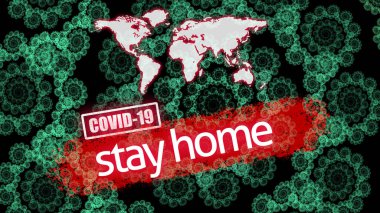 Coronavirus salgını, COVID-19 yazıyor ve Corona virüsüne benzeyen fraktal çizimlerle evde kalıyorsun. Çin 'de koronavirüs salgını. COVID-19 enfeksiyon konsepti.