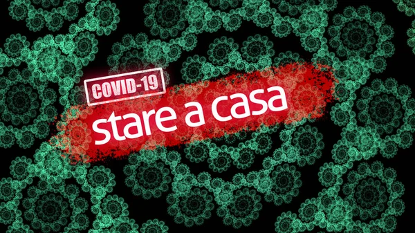 コロナウイルスの流行 言葉Covid 19とコロナウイルスのように見えるフラクタルイラストに家にいます 中国での初のコロナウイルス発生 Covid 19感染コンセプト — ストック写真