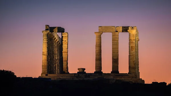 Pôr Sol Sobre Templo Poseidon Cape Sounio Grécia — Fotografia de Stock