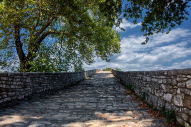 Arta 'nın Epirus Yunanistan' daki Arachthos nehrinin kıyısındaki tarihi taş köprüsü bir yaz günü (batı manzarası))