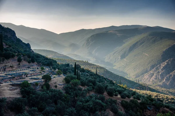 Delphi Ruinen Parnasus Gebirge Frühen Morgen — Stockfoto
