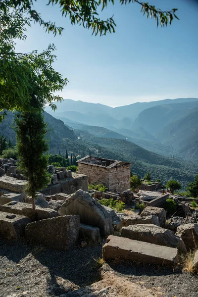 Ruinas Delfos Las Montañas Parnasus Madrugada — Foto de Stock