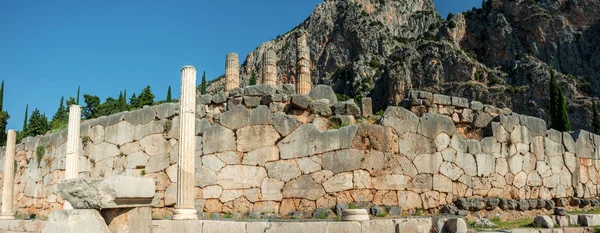 Parede Polygonal Famosa Cidade Grega Antiga Delphi Com Colunas Temple — Fotografia de Stock