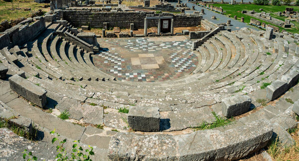 The "Ekklesiasterion" ('Assembly Hall") a theater-like construction in Ancient Messene (or Messini), Messinia Prefecture, Peloponnese, Greece 