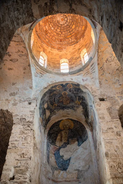 Uvnitř Pohled Kostel Hagia Sophia Středověku Byzantské Hradní Město Mystras — Stock fotografie