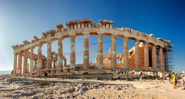 Vista Tirar Fôlego Antigo Templo Parthenon Contra Sol Colina Acrópole — Fotografia de Stock