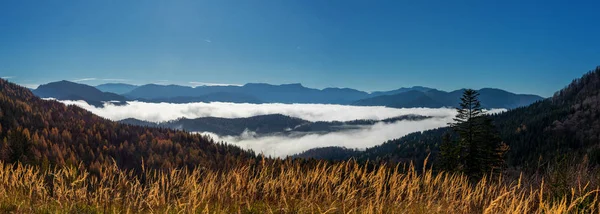 Breathtaking Scenery in Autumn over the Alps and Vienna Woods with sea of fog in the Valleys