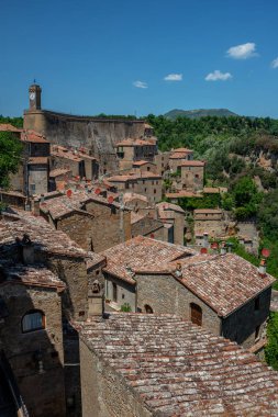 Grosseto, Toskana, İtalya 'daki küçük ortaçağ şehri Sorano' nun merkezinde tepeler ve yeşil ağaçlarla çevrili çatı ve binalar.