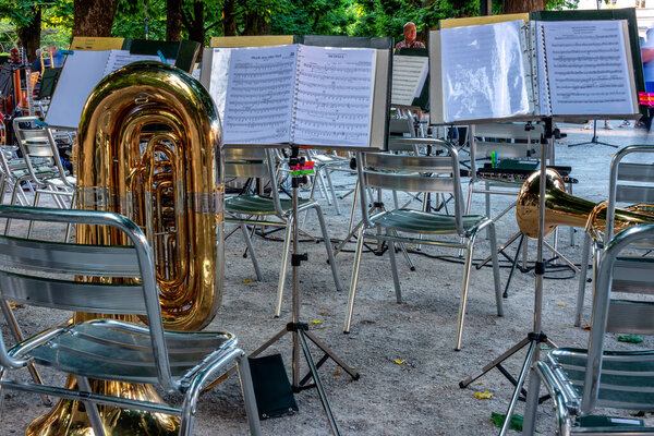 Trumpet and musical notes as background close up in the garden of Mirabell Salzburg