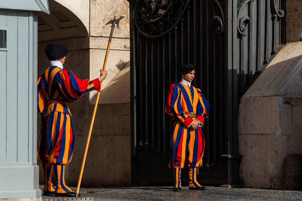 Papal Swiss Guard in uniform. Currently, the name Swiss Guard generally refers to the Pontifical Swiss Guard of the Holy See stationed at the Vatican in Rome