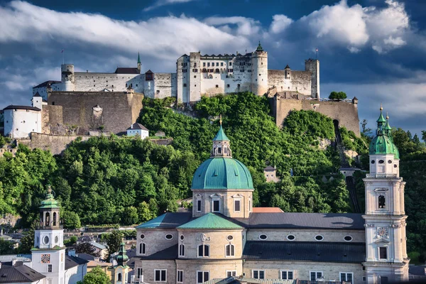 Panorama Salzburg Old Town Hohensalzburg Castle Festungsberg Hill Salzach River — Stock Photo, Image