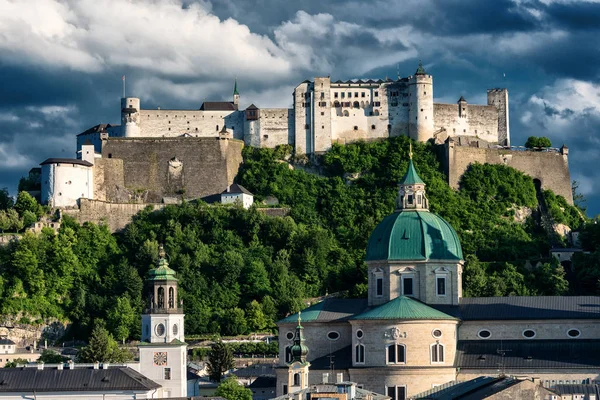 Panorama Salzburg Old Town Hohensalzburg Castle Festungsberg Hill Salzach River — Stock Photo, Image