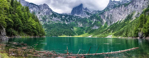 Linda Paisagem Lago Gosausee Com Montanhas Dachstein Floresta Nuvens Reflexões — Fotografia de Stock