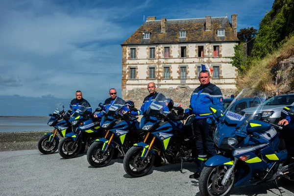 Mont Saint Michel Aug 2018 French Police Gendarmerie Motorcycle Squad — 스톡 사진