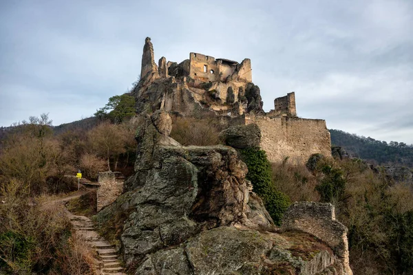 Panorama Zamku Duernstein Styczniu Dolinie Wachau Austria — Zdjęcie stockowe