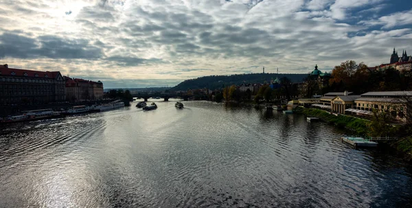 Bridges Prague Vltava River Sunny Day Scenic View Letna Hill — Stock Photo, Image