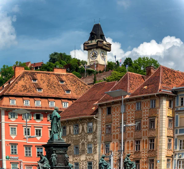 Фарбовані Фасади Вежа Годинником Старому Місті Грац Австрія Внесені Списку — стокове фото