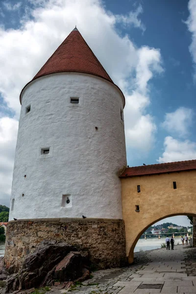 Famous Schaibling Tower Bank Inn River Passau Germany — 스톡 사진