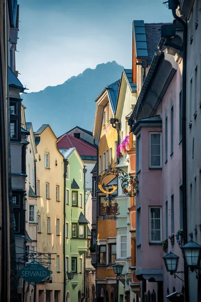 Narrow Shop Lined Street Ancient Town Hall Tirol Austria — Stock Photo, Image