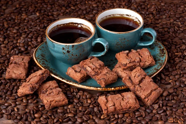 Homemade chocolate brownies with coffee cup — Stock Photo, Image