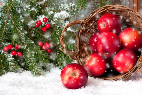 Christmas still life with apples on wooden window — Stock Photo, Image