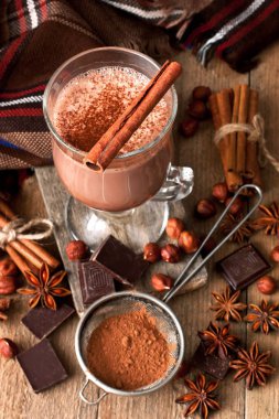 Çikolata ve tarçın ile sıcak kakao içecek