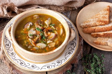 Ceramic bowl of fresh mushroom soup clipart