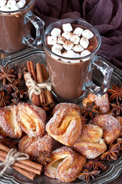 Gorący Napój Kakaowy Plików Cookie Czekoladą Cynamonem — Zdjęcie stockowe