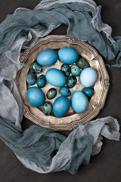 Easter Still Life Colorfull Eggs Metal Plate — Stock Photo, Image