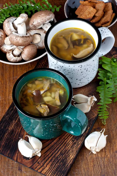 Zuppa Funghi Caldi Fatti Casa Con Funghi Fritti Tazza Colore — Foto Stock