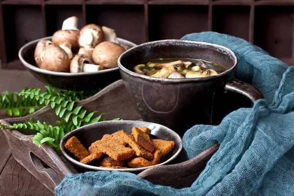 Zuppa Funghi Caldi Fatti Casa Con Funghi Fritti Tazza Colore — Foto Stock