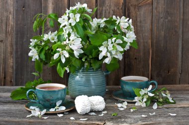 Bahar çiçekleri, çay bardağı ve tatlı zephyr kompozisyonu