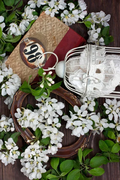 Composición Retro Con Flores Manzana Sobre Fondo Madera — Foto de Stock