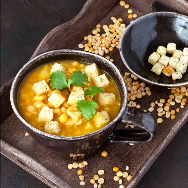 Yellow Split Pea Soup Croutons Parsley — Stock Photo, Image