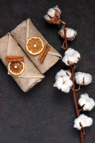 Spa concept  with bathroom towels on dark background — Stock Photo, Image